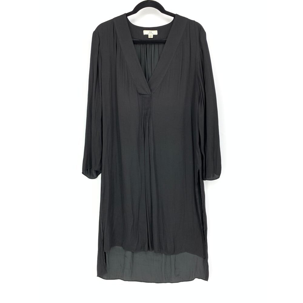 H Halston Women's Size XL Long Sleeve Hi Low Shirt Dress Split Neck Black